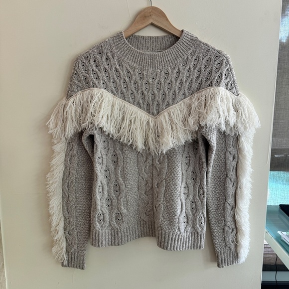 Amur Ulla Fringe Beige Cable Knit Merino Wool Round Neck Womens Size S Pullover - Picture 3 of 16